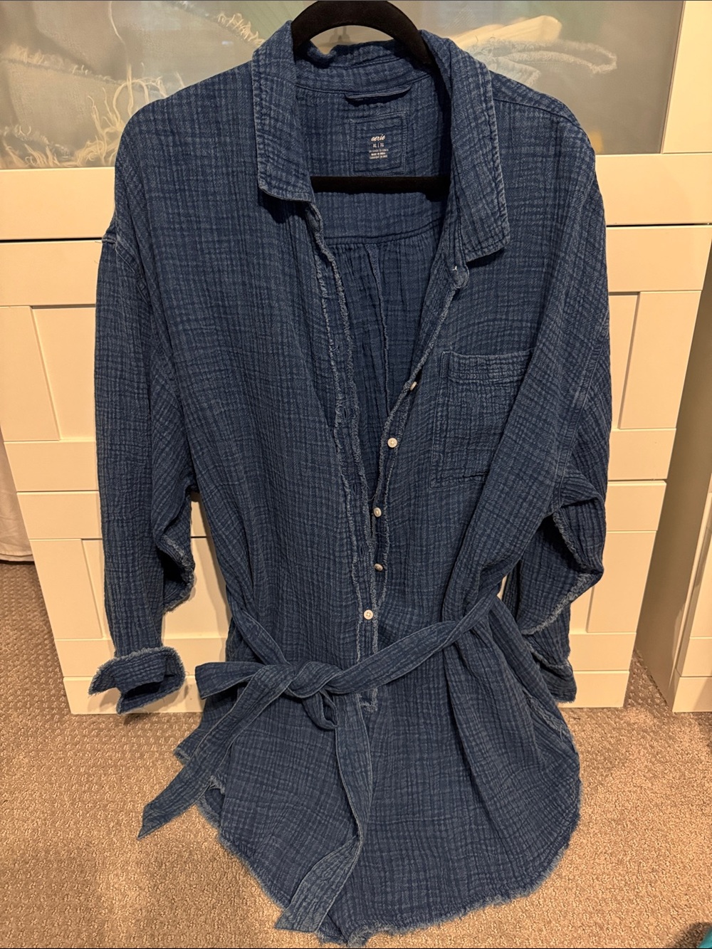 Blue Button-Up cotton Romper with Waist Tie